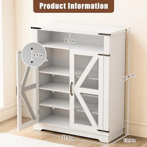 6-Tier Shoe Storage Cabinet, Farmhouse Shoe Rack Organizer Cabinet with Adjustable Shelves & 2-tier Open Storage, Freestanding shoe cabinet storage with Anti-tip Fitting for entryway (Mesh Door)