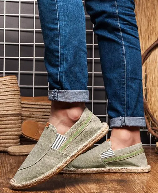 Aidase  Men Hemp Fisherman Shoes Breathable Espadrilles Flats Solid Moccasins Casual Shoes Men Canvas Shoes Espadrilles