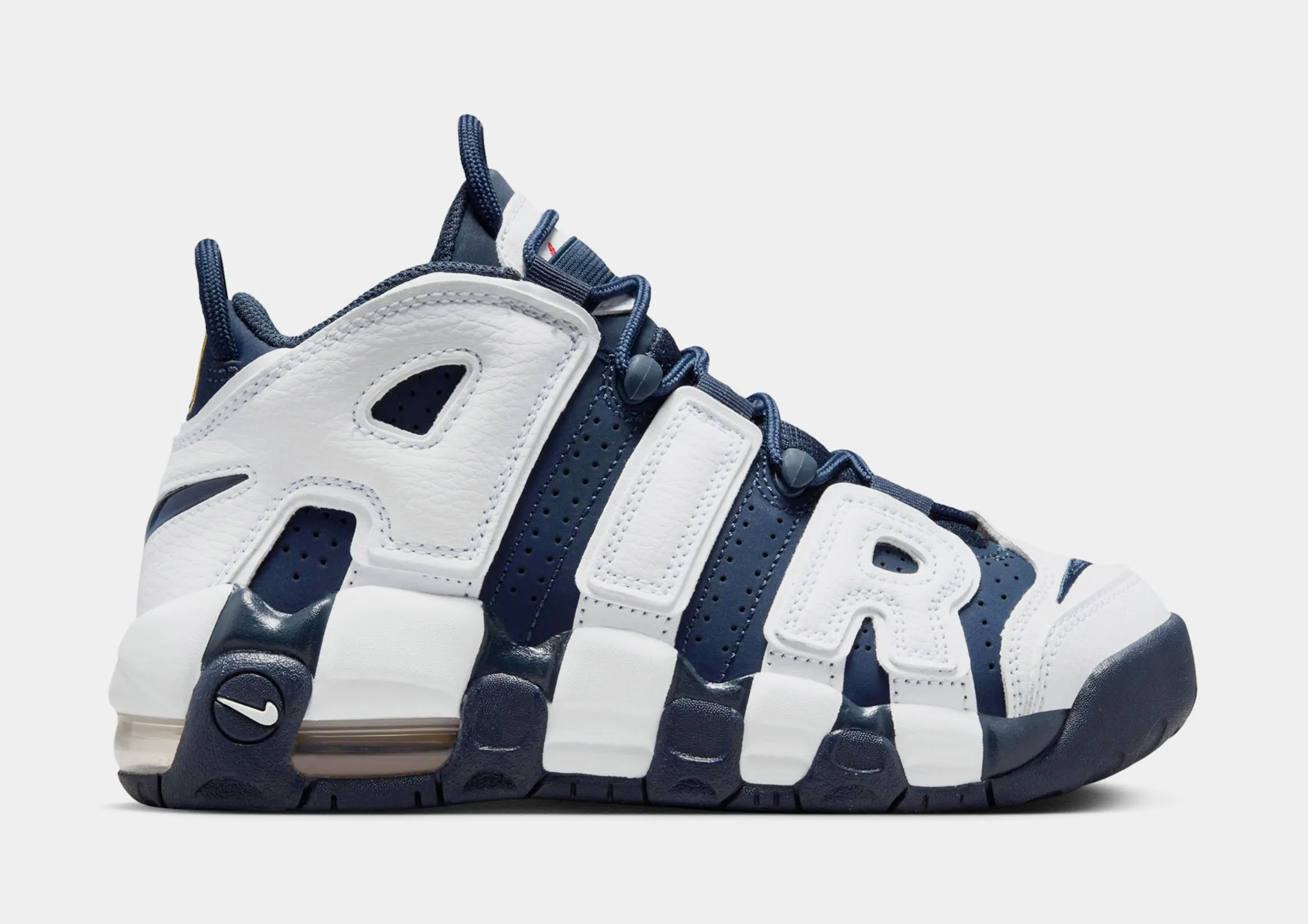 Air More Uptempo '96 Grade School Basketball Shoes (White/Midnight Navy/Metallic Gold)