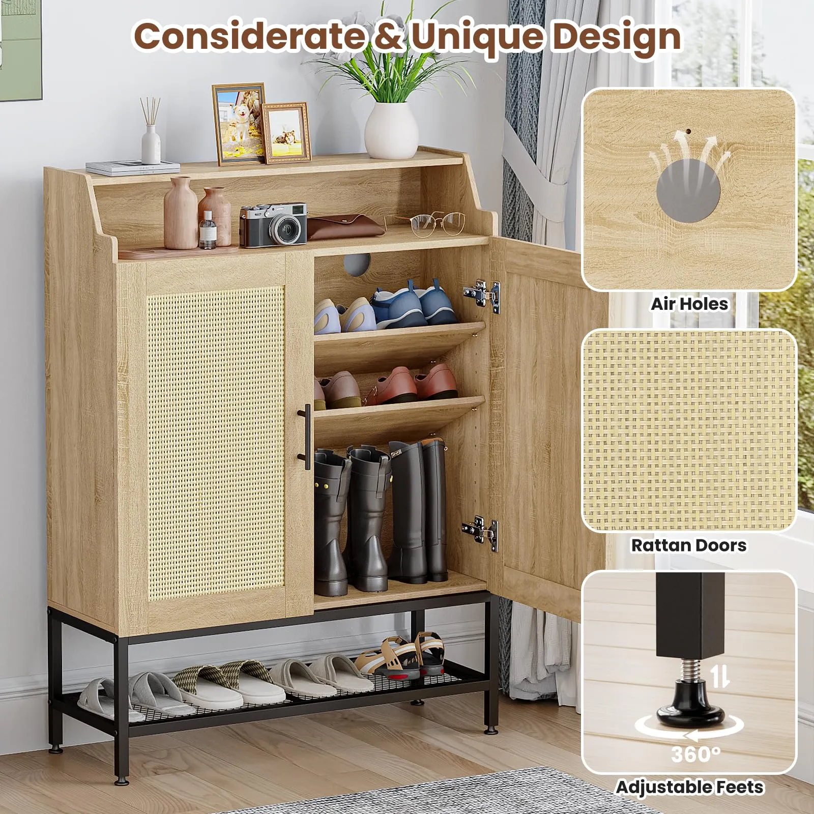 ALLSTAND 7-Tier Shoe Storage Cabinet with Rattan Doors, Shoe Organizer Cabinet with Adjustable Boards & Damper Hinge, Narrow Shoe Cabinet Storage with Anti-tip Fitting for Entryway, Closet