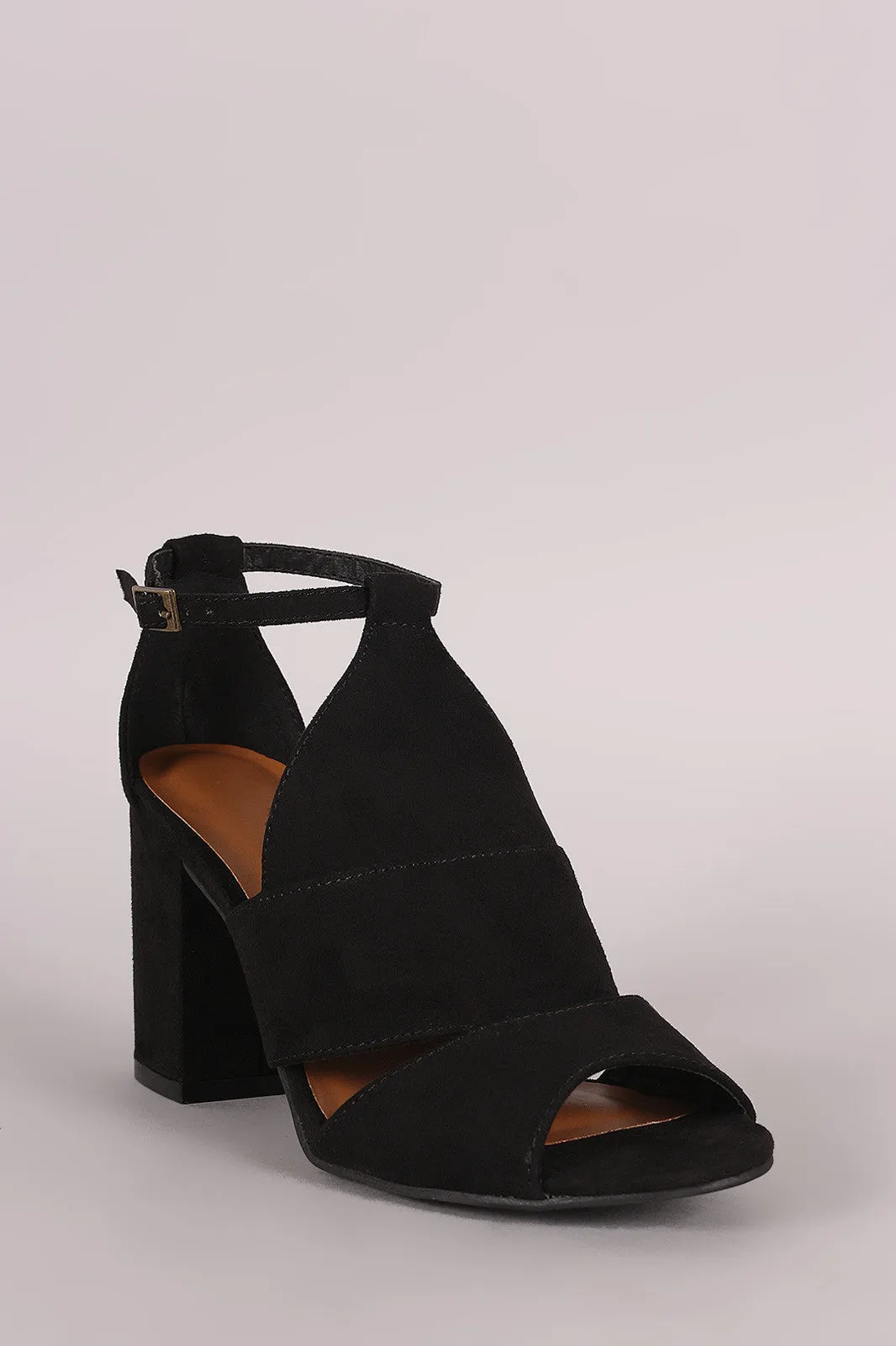 Bamboo Suede Cutout Ankle Strap Chunky Mule Heel