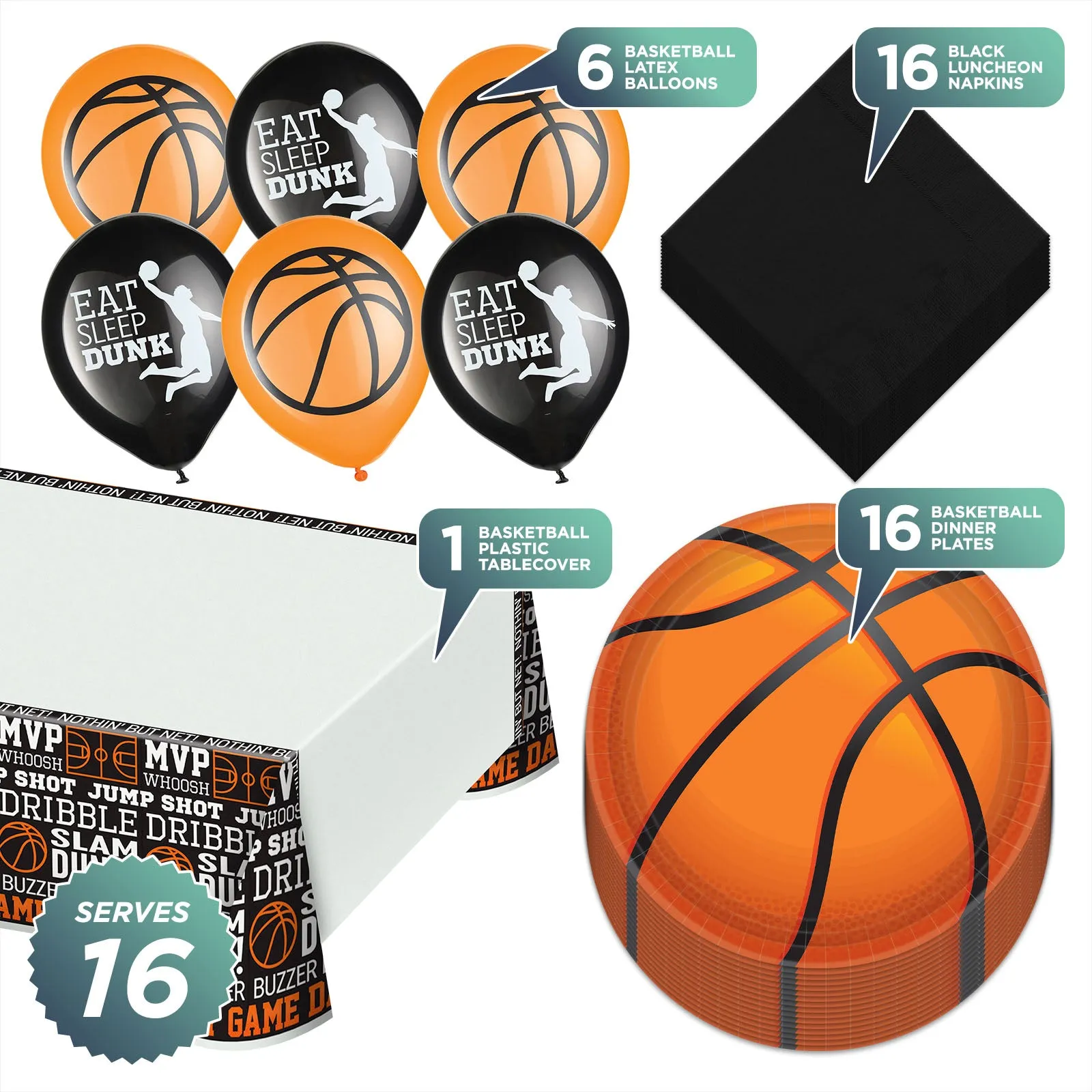 Basketball Party Pack - Large Paper Dinner Plates, Lunch Napkins, Balloons, and Table Cover Set (Serves 16)