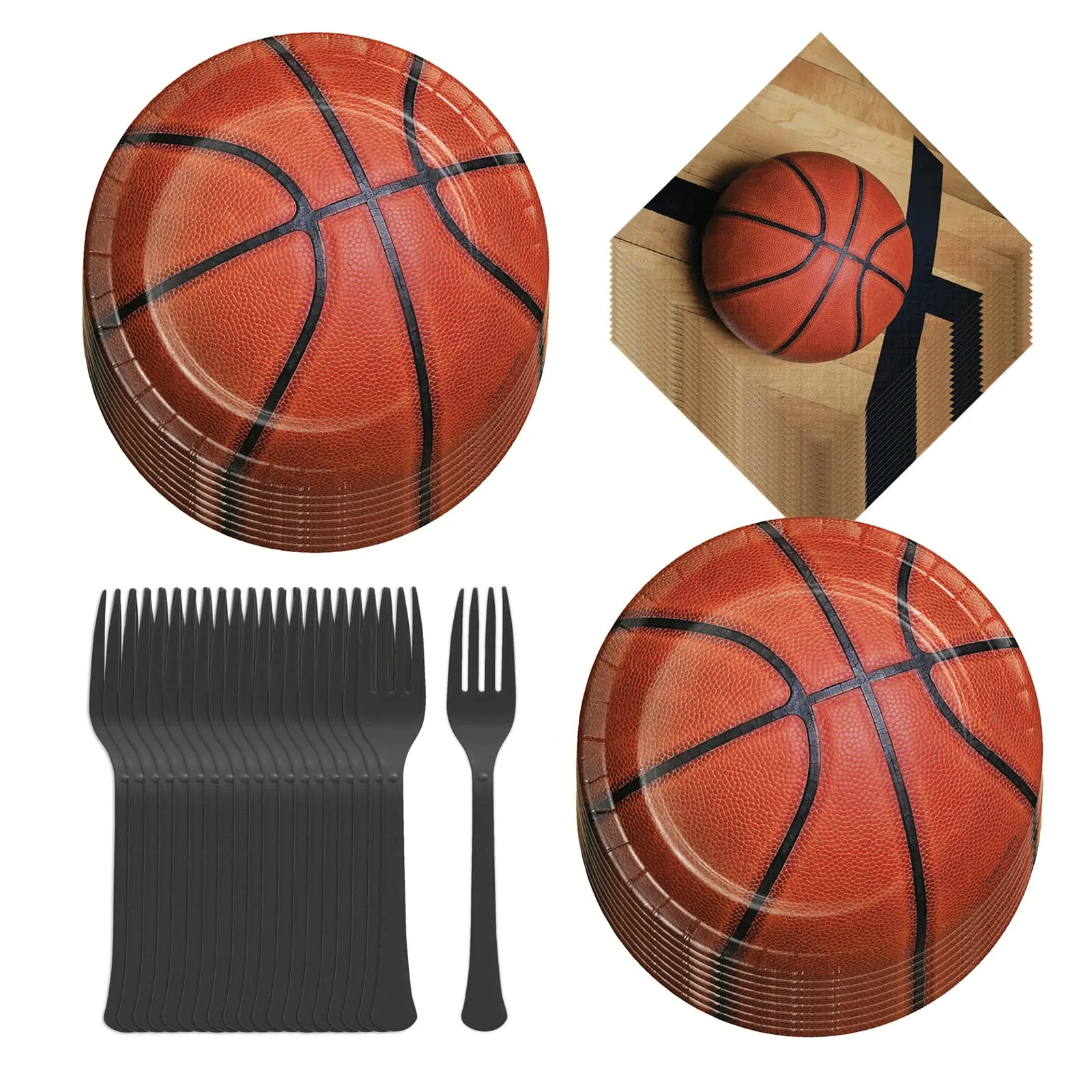 Basketball Party Supplies - Basketball Paper Dessert Plates, Napkins, and Forks (Serves 16)