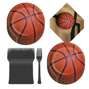 Basketball Party Supplies - Basketball Paper Dessert Plates, Napkins, and Forks (Serves 16)