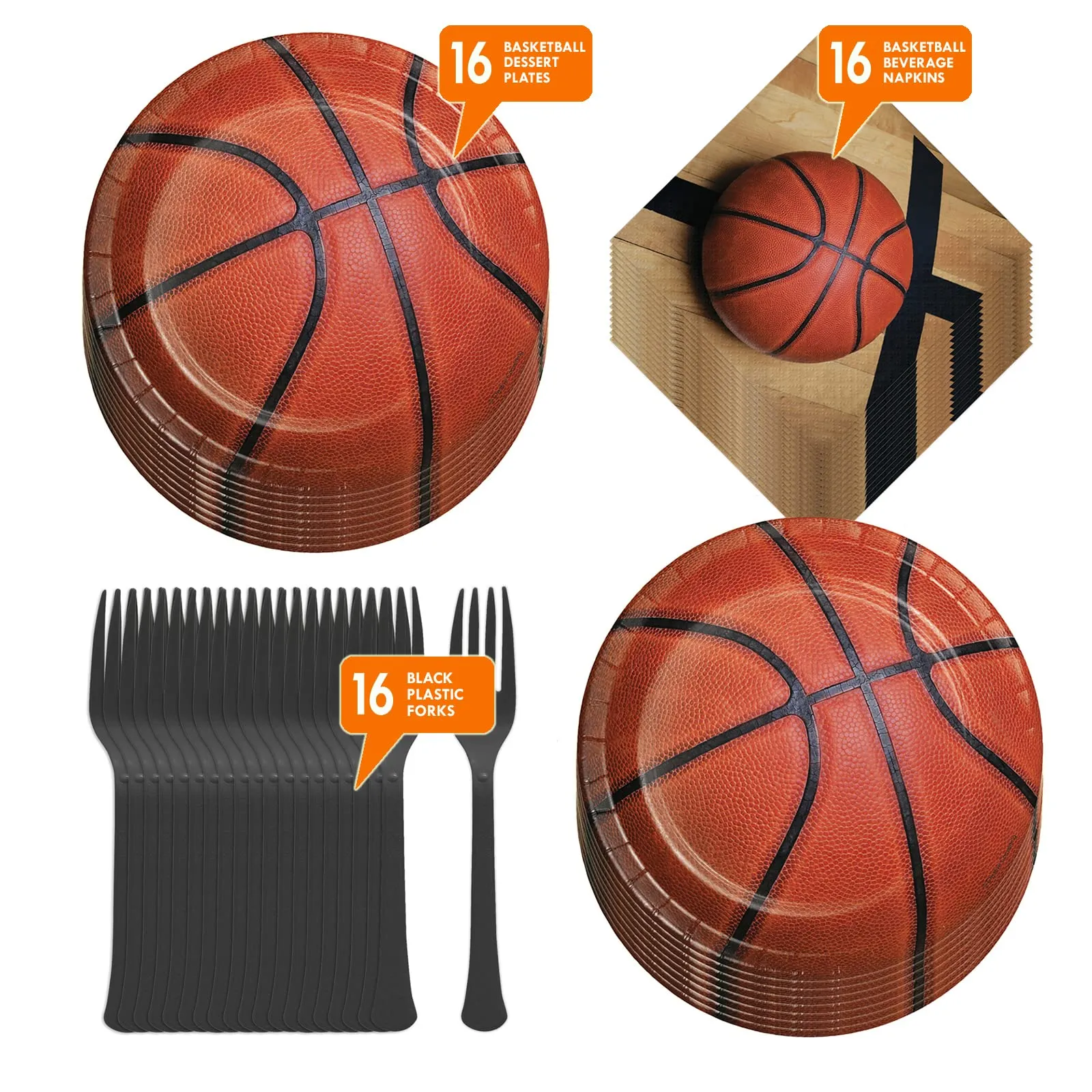 Basketball Party Supplies - Basketball Paper Dessert Plates, Napkins, and Forks (Serves 16)