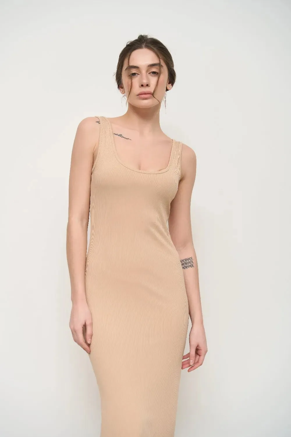 Beige Strech Knit Midi Dress