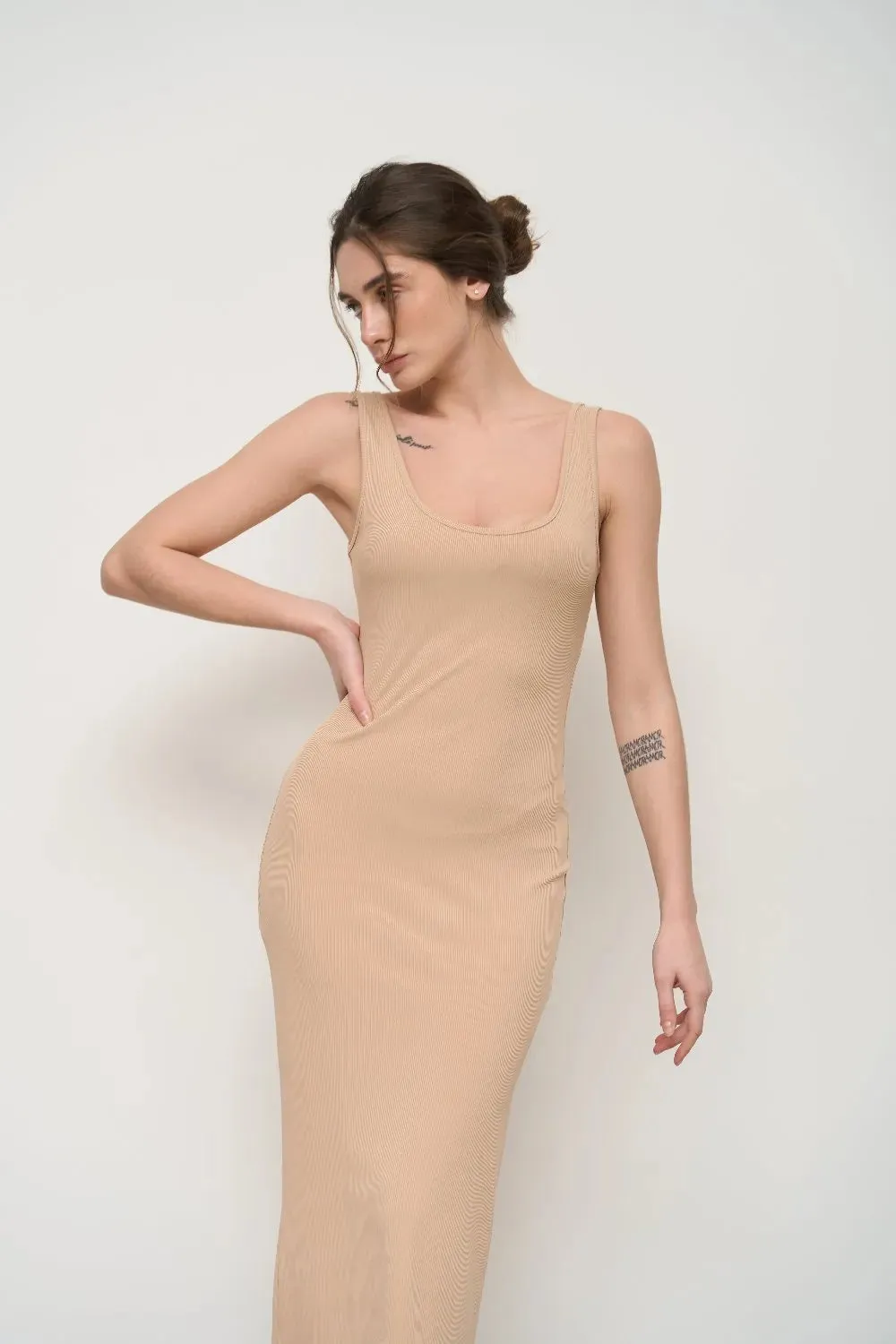 Beige Strech Knit Midi Dress