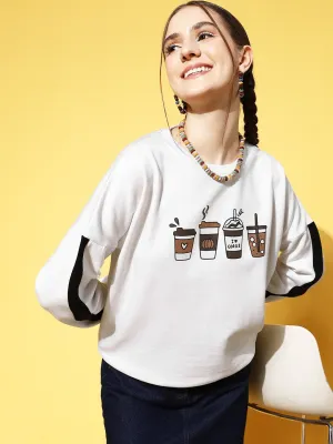 Berrylush White Coffee Printed Round Neck Ribbed Pullover Regular Sweatshirt