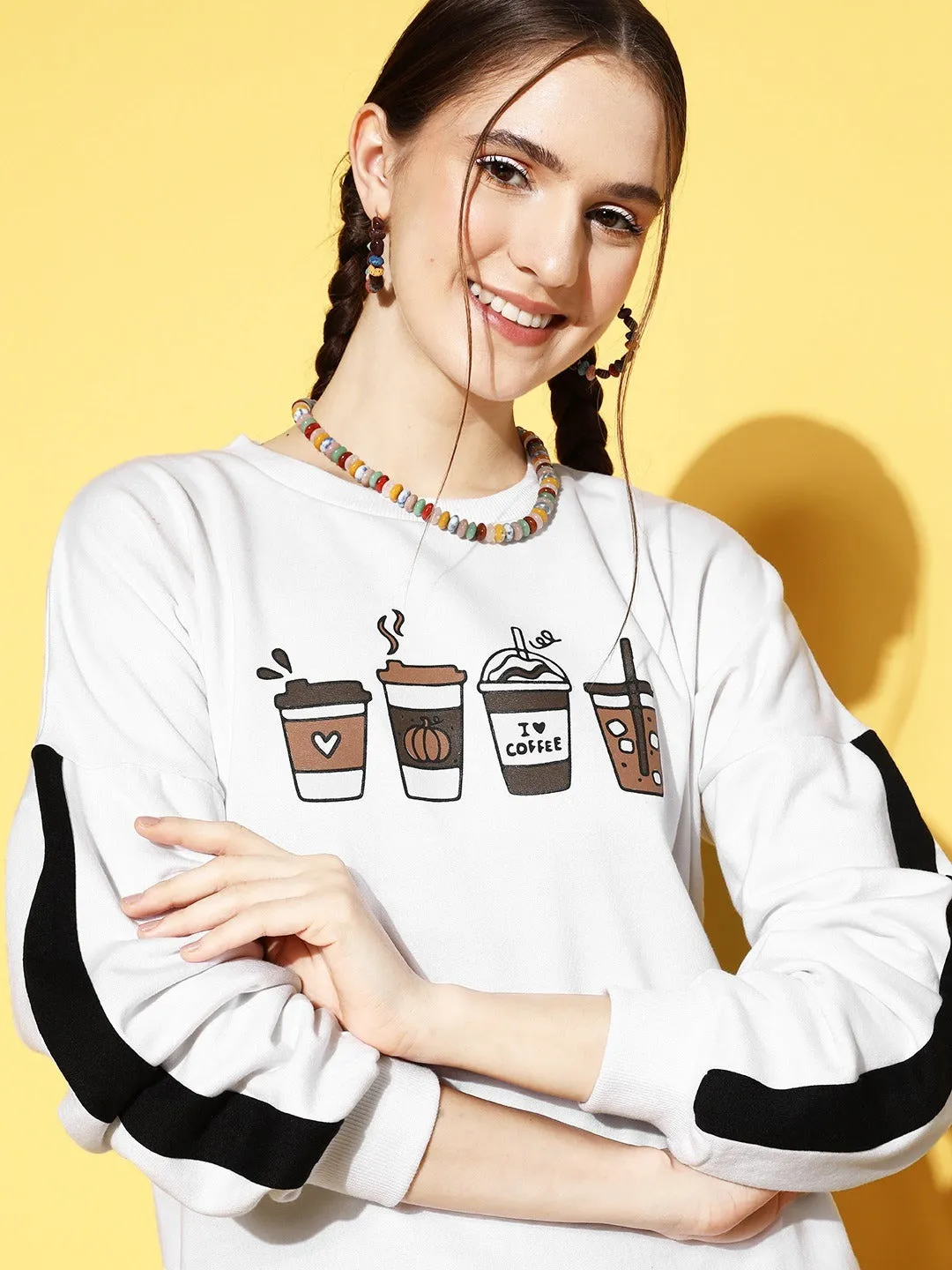 Berrylush White Coffee Printed Round Neck Ribbed Pullover Regular Sweatshirt