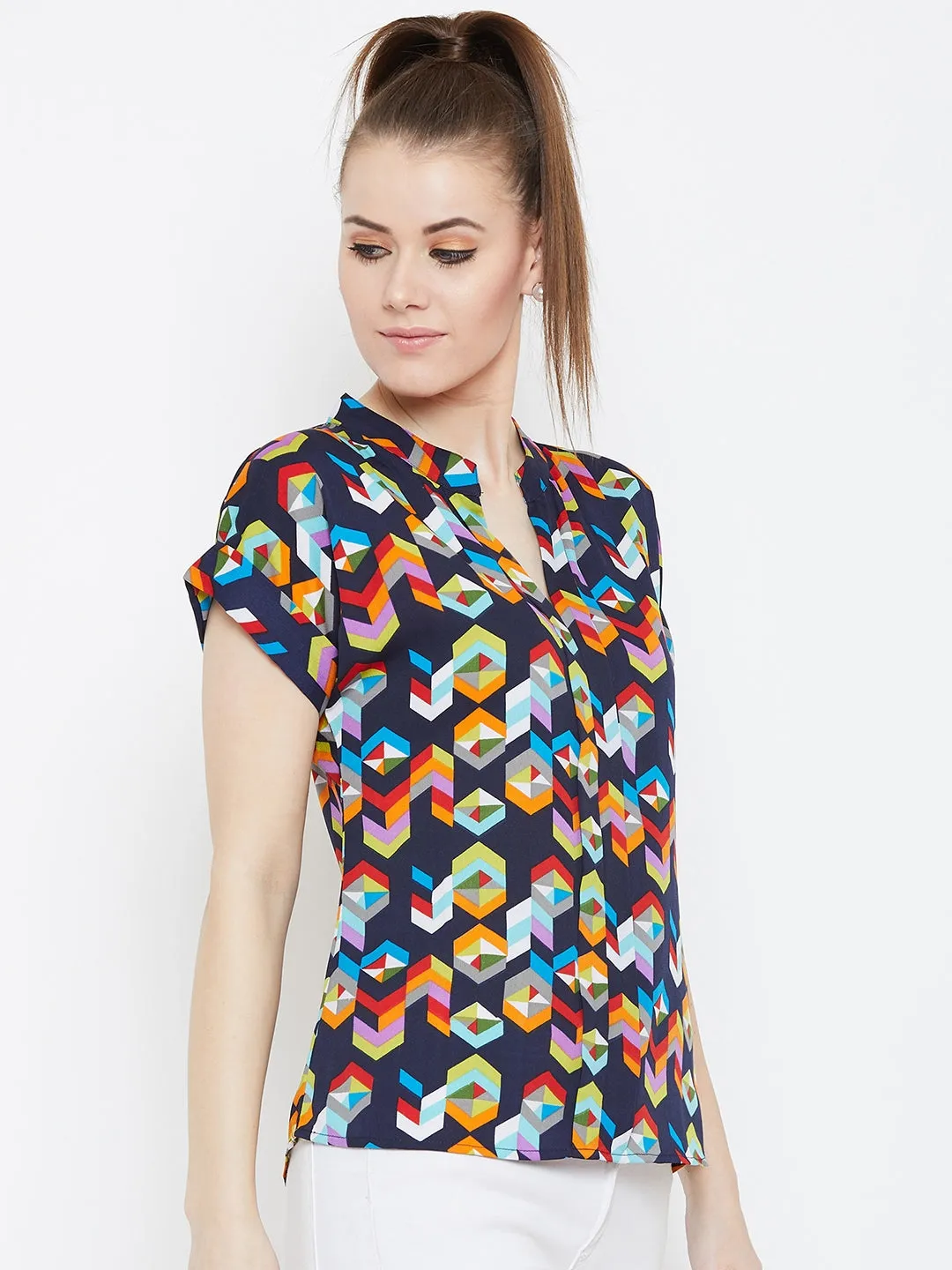 Berrylush Women Navy Blue & Multicolour Geometric Printed Mandarin Collar Neck Shirt Top