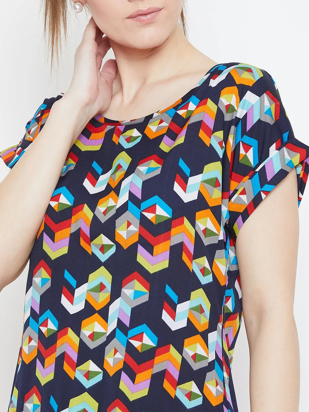 Berrylush Women Navy Blue & Multicolour Geometric Printed Round Neck Crepe Regular Top