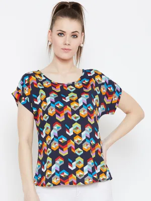 Berrylush Women Navy Blue & Multicolour Geometric Printed Round Neck Crepe Regular Top