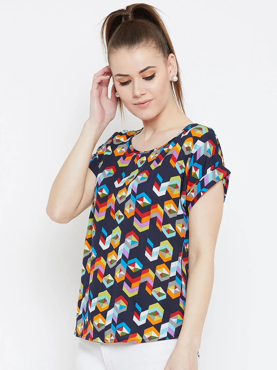 Berrylush Women Navy Blue & Multicolour Geometric Printed Round Neck Crepe Regular Top