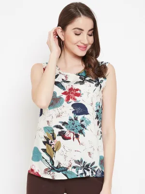 Berrylush Women Off-White & Blue Floral Printed Round-Neck Sleeveless Regular Top