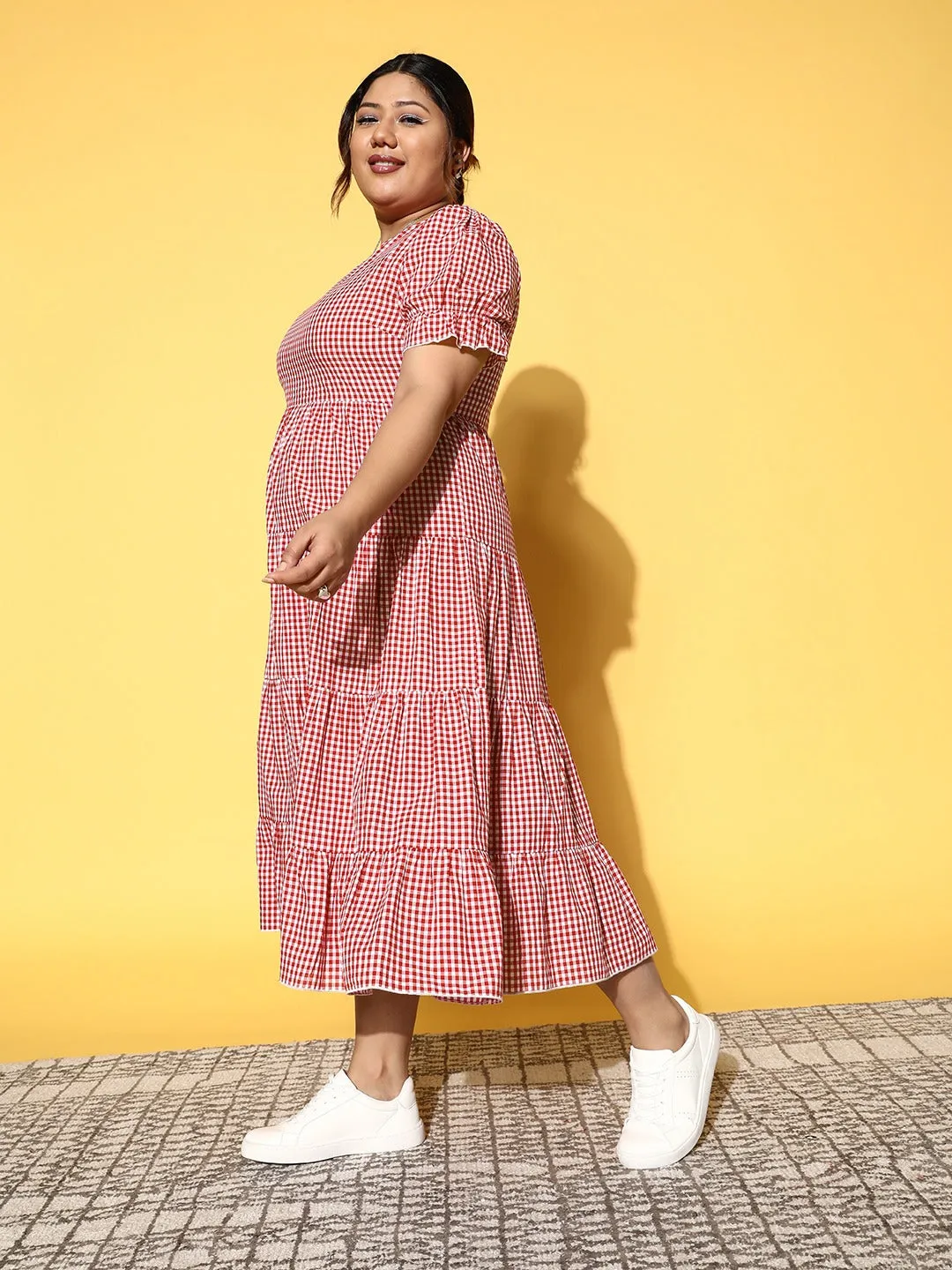 Berrylush Women Plus Size Red & White Checked Pattern Round Neck Cotton Flounce Hem Pleated A-Line Midi Dress