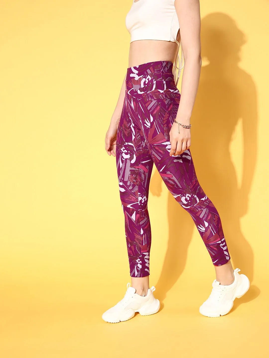 Berrylush Women Purple Abstract Printed Super Stretchy & High Waisted Sports Tights