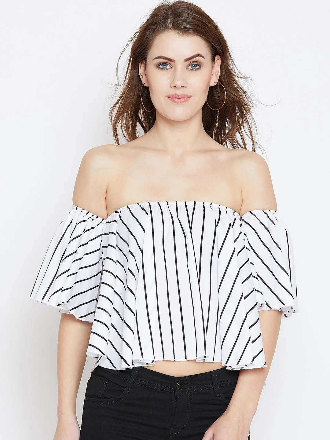 Berrylush Women White & Black Striped Printed Off-Shoulder Neck Ruffled Crop Bardot Top