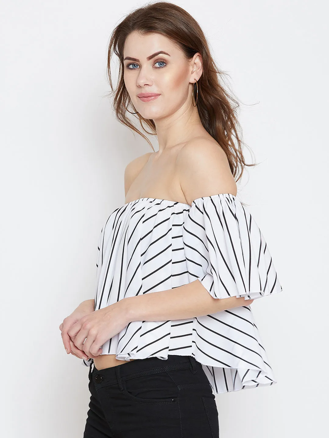 Berrylush Women White & Black Striped Printed Off-Shoulder Neck Ruffled Crop Bardot Top