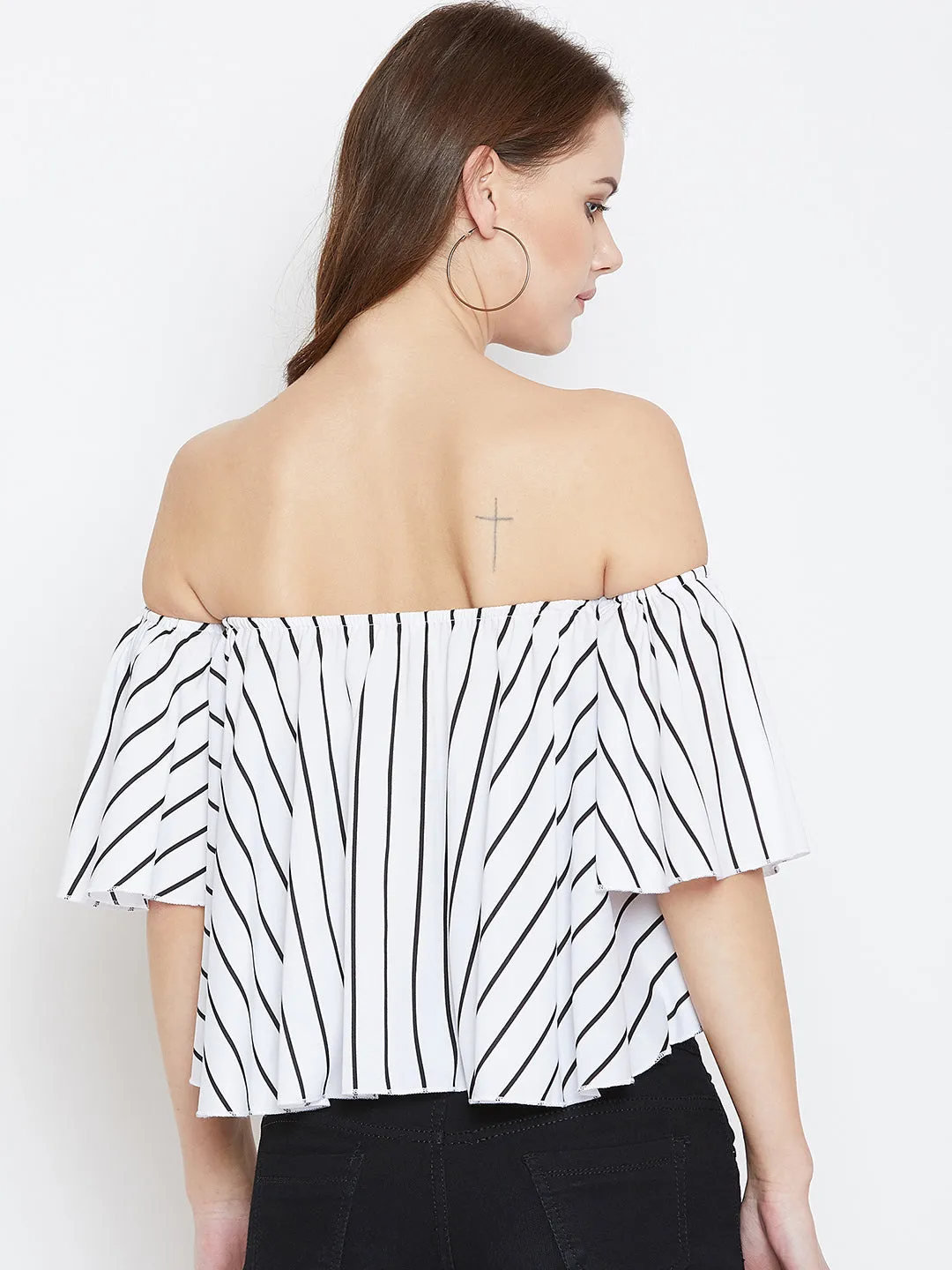 Berrylush Women White & Black Striped Printed Off-Shoulder Neck Ruffled Crop Bardot Top