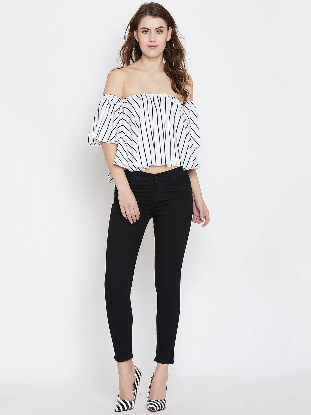 Berrylush Women White & Black Striped Printed Off-Shoulder Neck Ruffled Crop Bardot Top