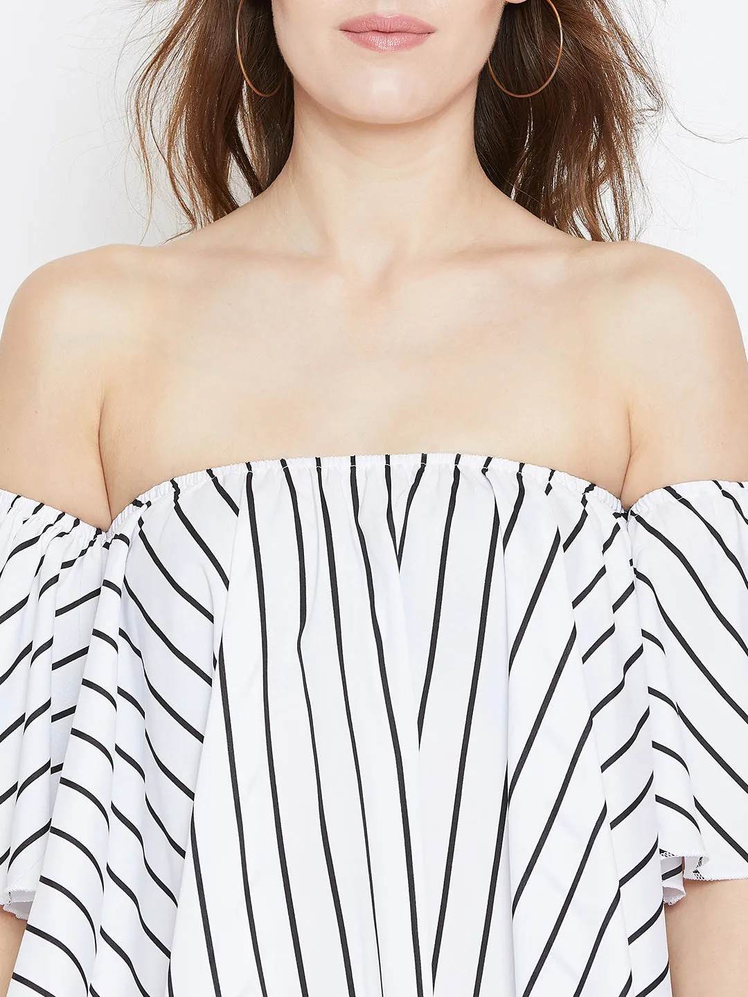 Berrylush Women White & Black Striped Printed Off-Shoulder Neck Ruffled Crop Bardot Top