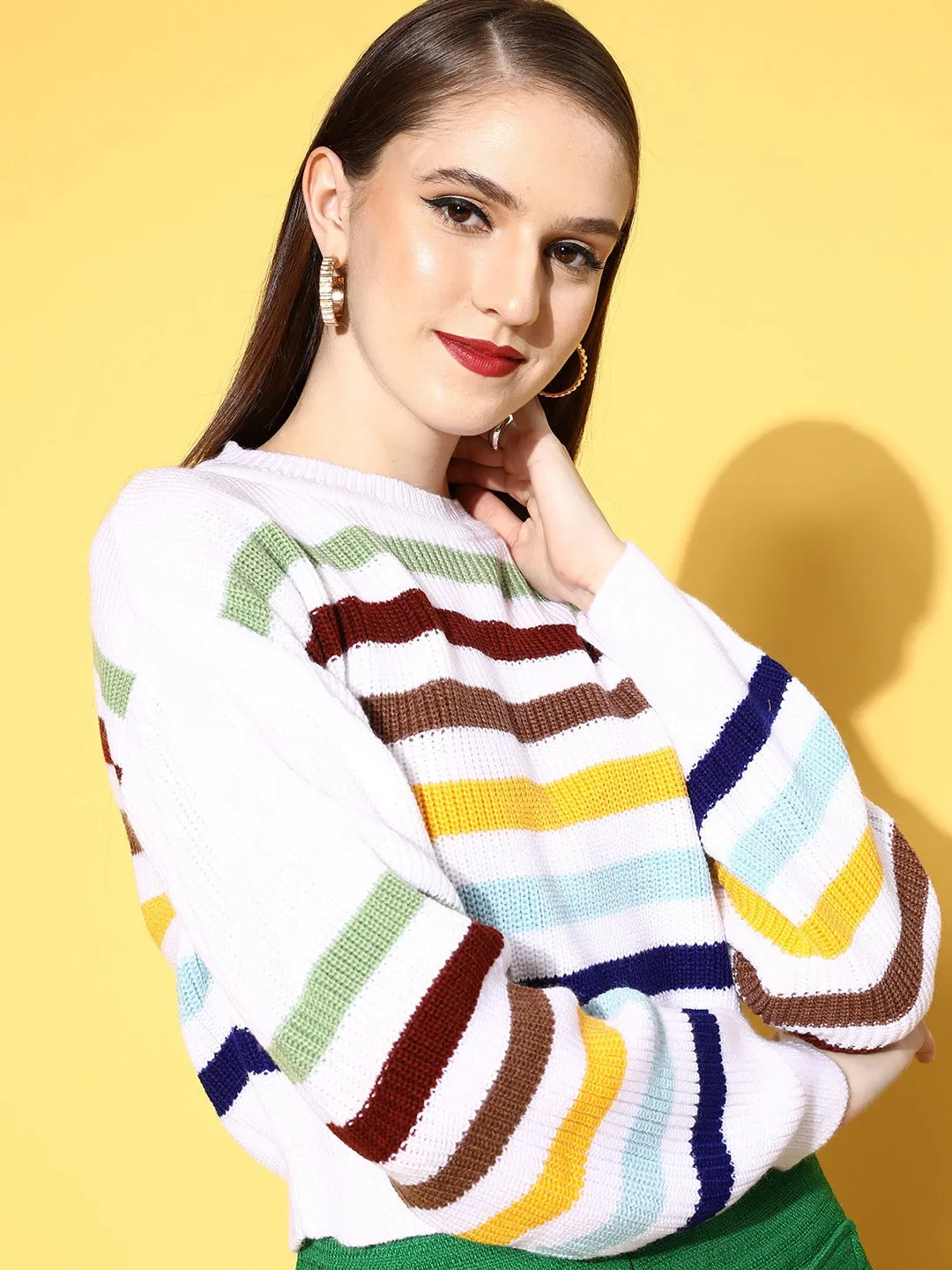 Berrylush Women White & Multicolour Striped Pattern Round Neck Drop-Shoulder Acrylic Ribbed Hem Crop Pullover