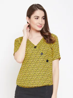 Berrylush Women Yellow & Black Animal Printed V-Neck Button Crepe Wrap Top