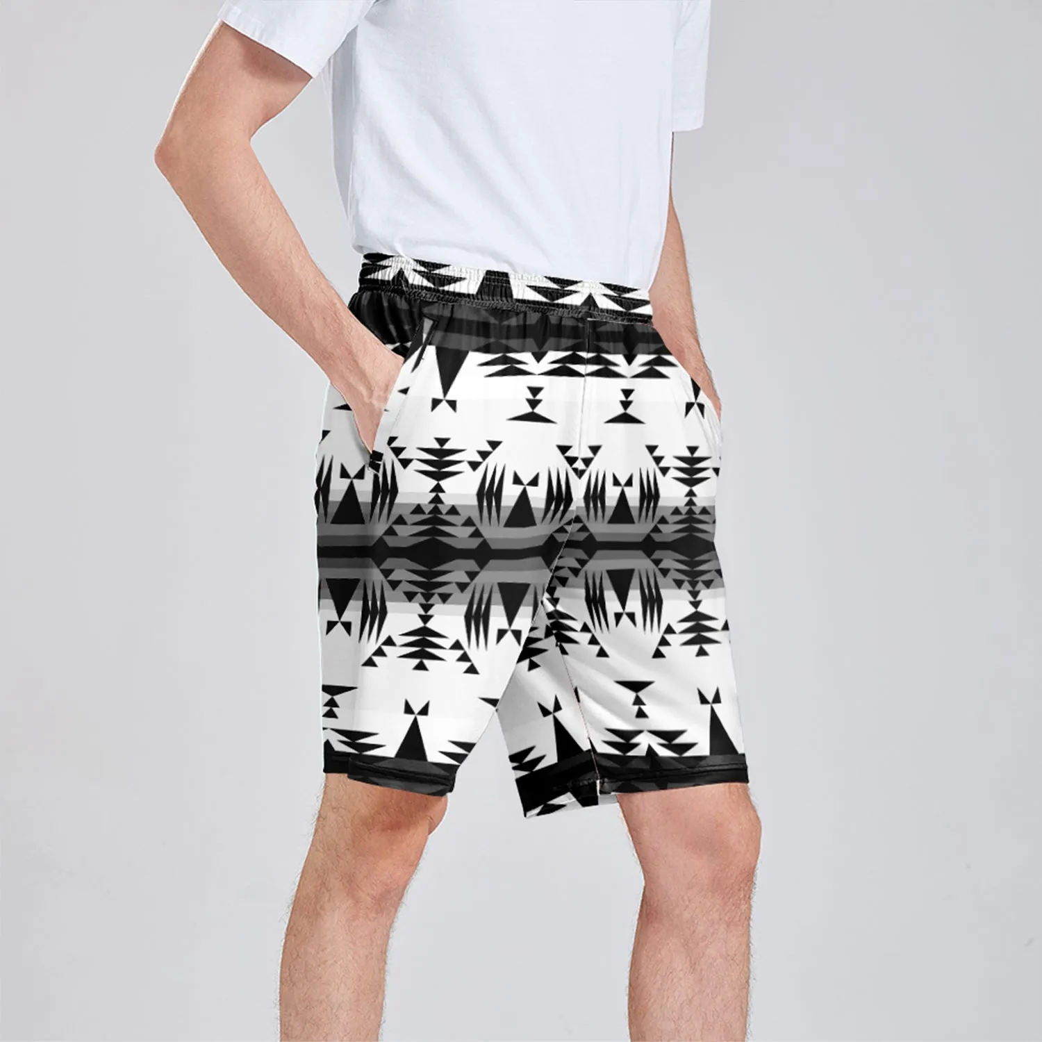 Between the Mountains White and Black Athletic Shorts with Pockets