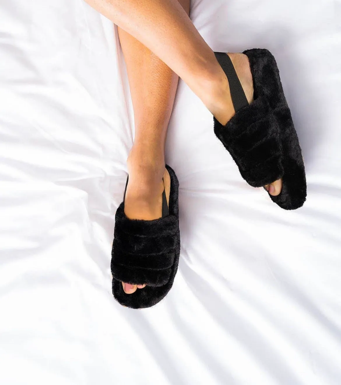 Black Fluffy Mule Elastic Strap Slippers