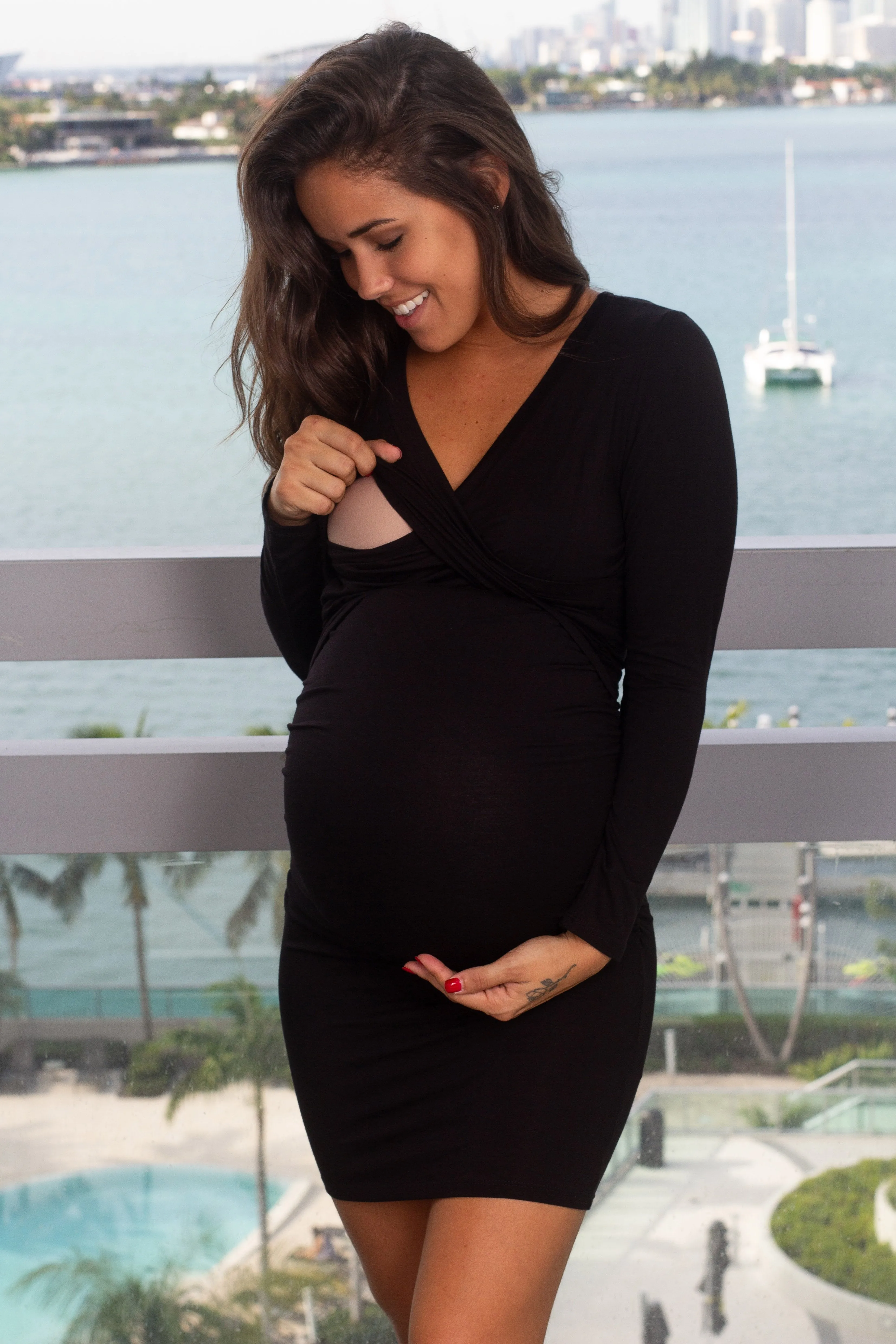 Black Maternity Short Dress with Long Sleeves