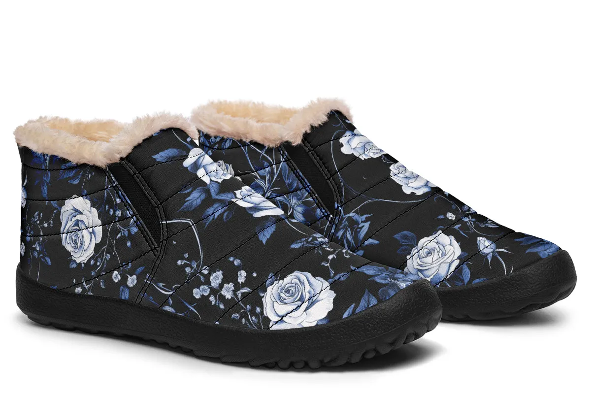 Blue Rose Romance Winter Sneakers - Warm & Easy Slip-On Shoes Lined with Vegan Wool with Anti-Slip Soles