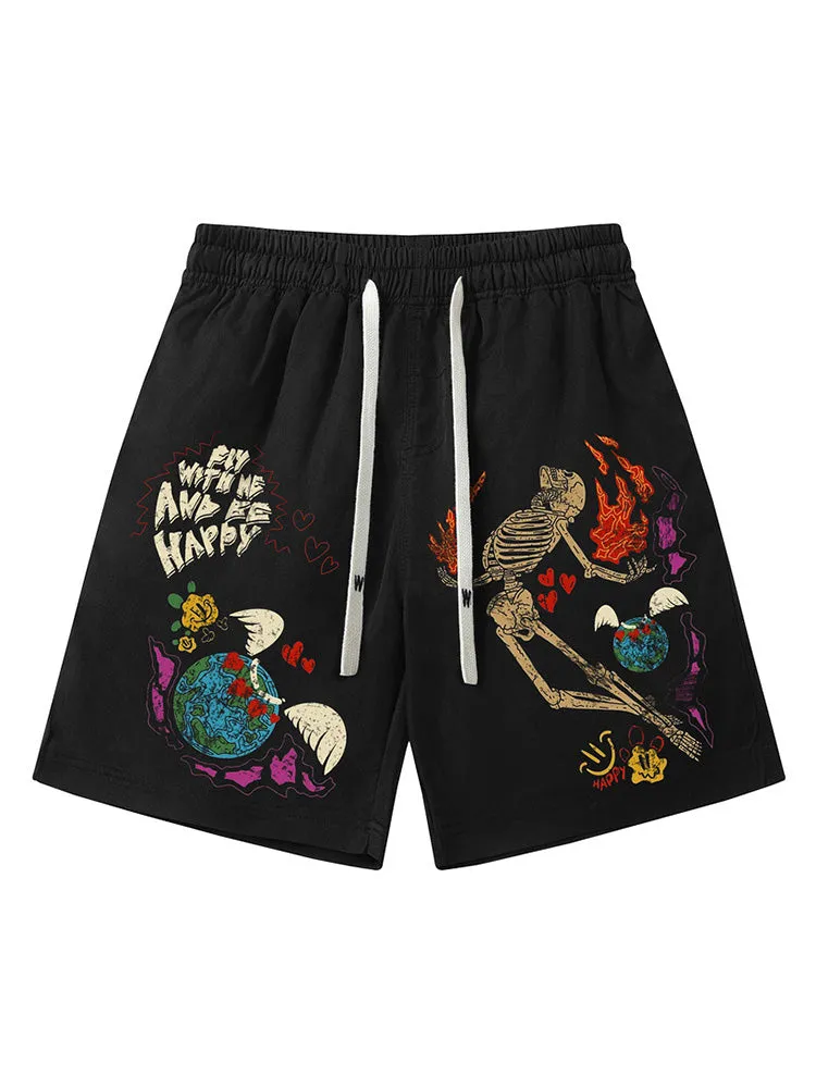 Casual Skull Flame Cartoon Print Shorts