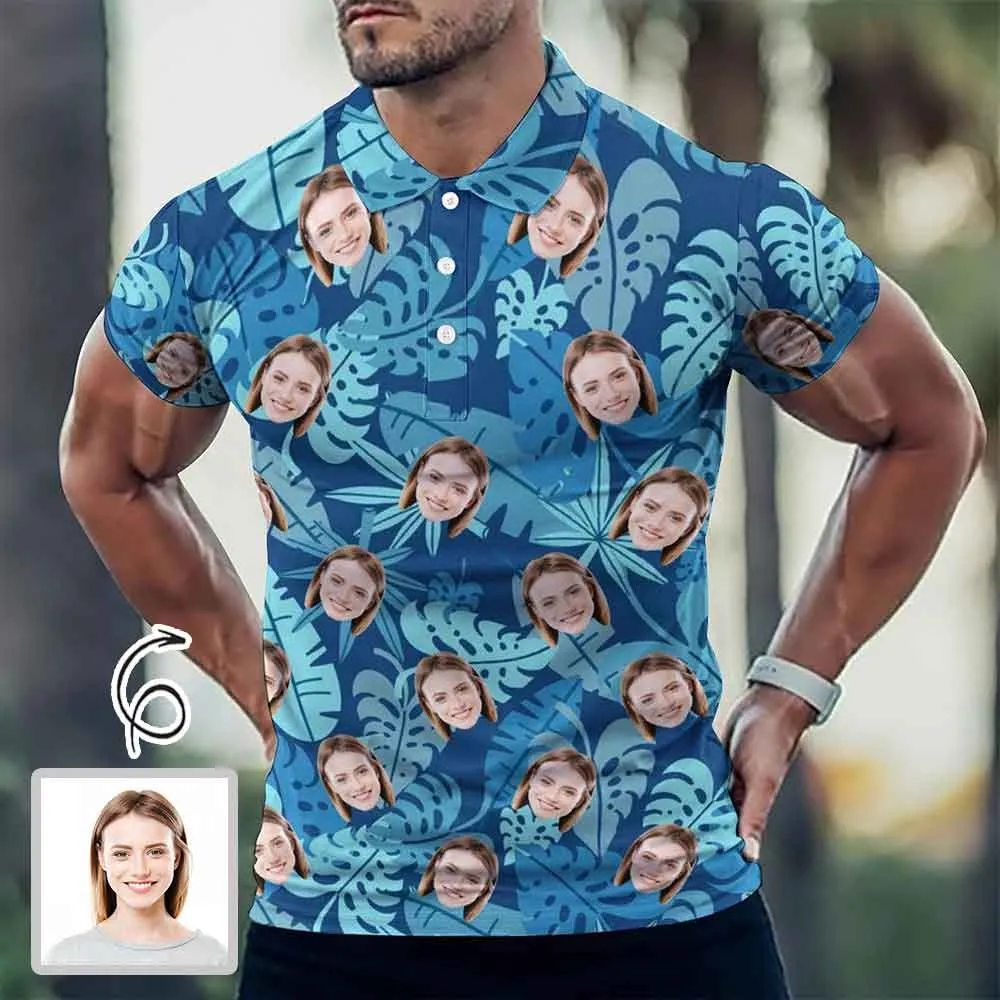 Custom Face Blue Leaves All Over Print Polo Shirt Personalized Men's Golf Shirt