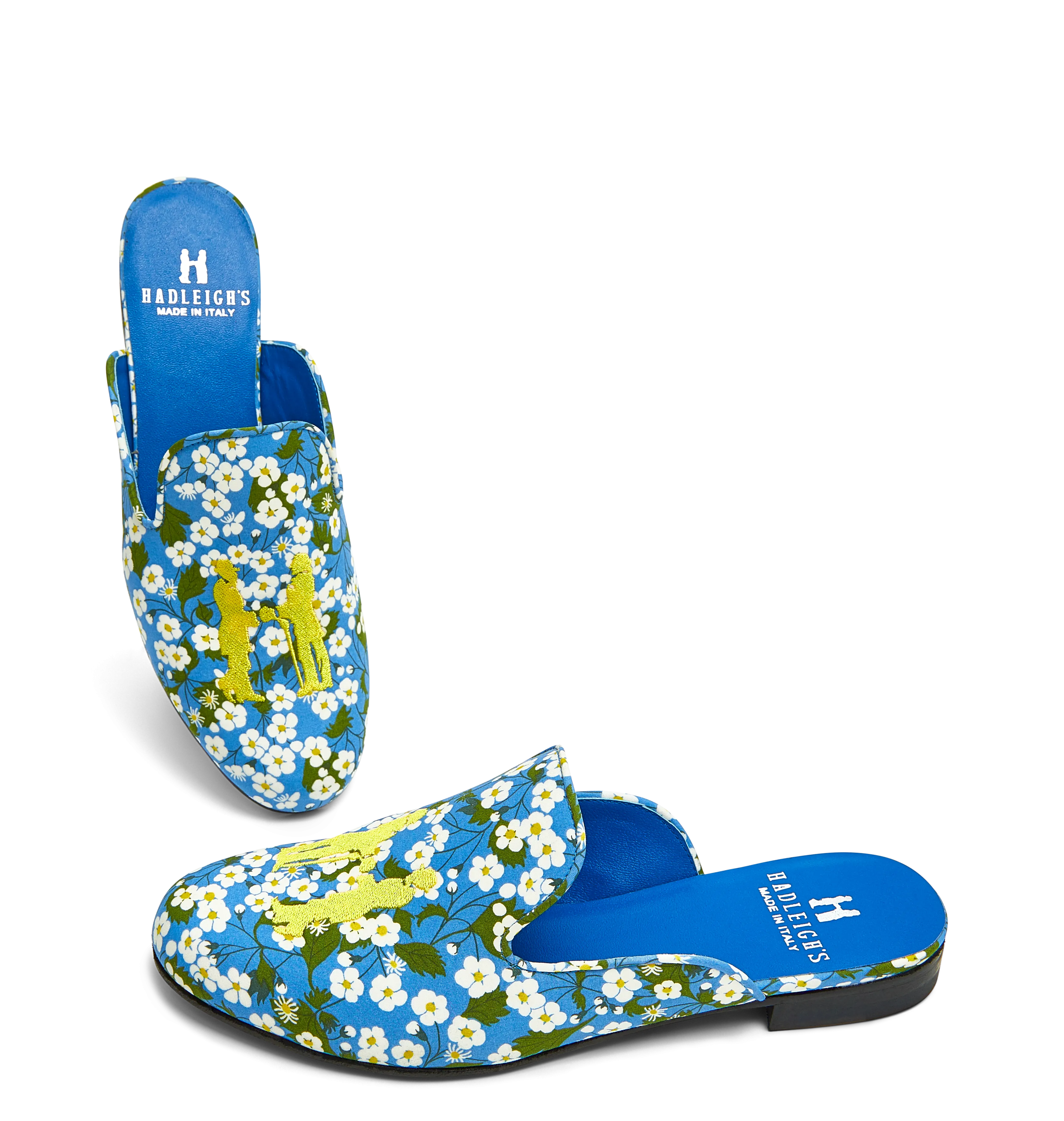 Donna Mule in Blue Floral with Gold Logo