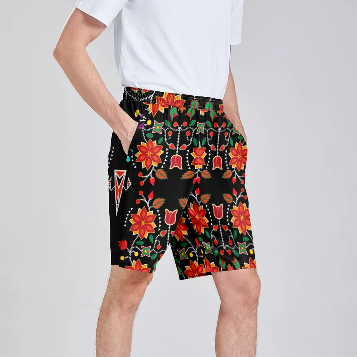 Floral Beadwork Six Bands Athletic Shorts with Pockets