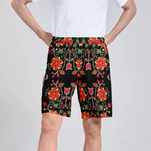 Floral Beadwork Six Bands Athletic Shorts with Pockets