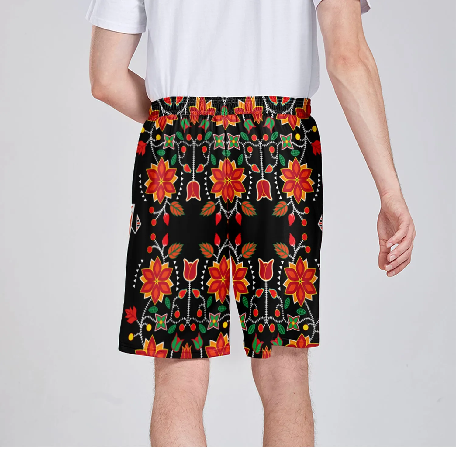 Floral Beadwork Six Bands Athletic Shorts with Pockets