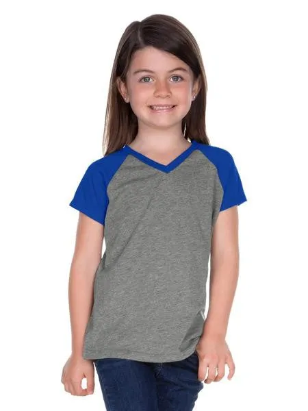 Girls 3-6X & 8-16 Sheer Jersey Contrast V Neck Raglan Short Sleeve Tee-BBF