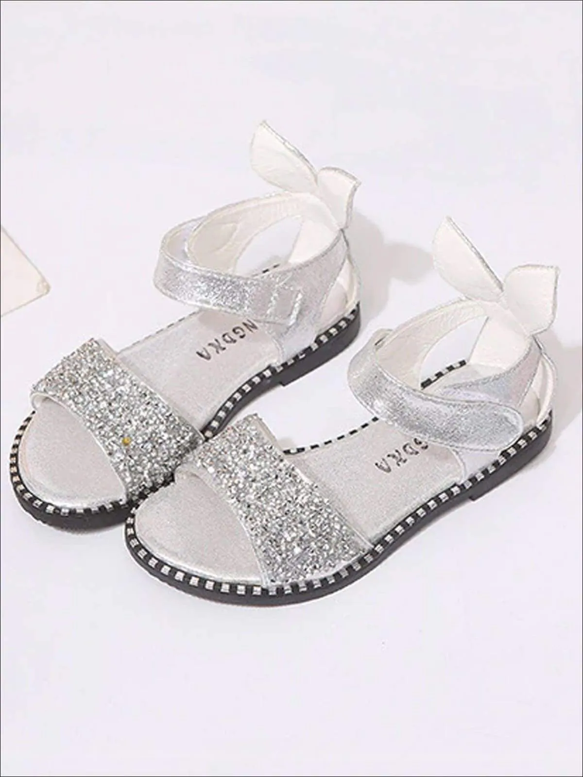 Glitter Rhinestone Bunny Ear Velcro Strap Sandals By Liv and Mia