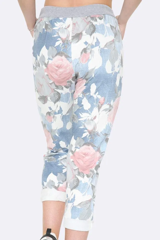 Italian Drawstring Waist Denim Floral Print Trousers