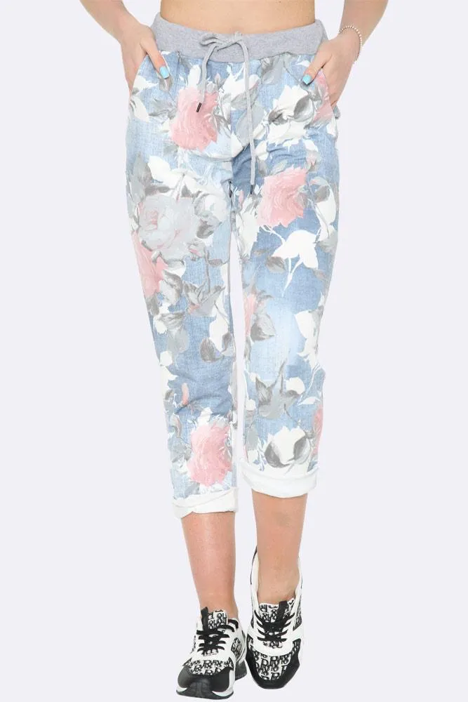 Italian Drawstring Waist Denim Floral Print Trousers