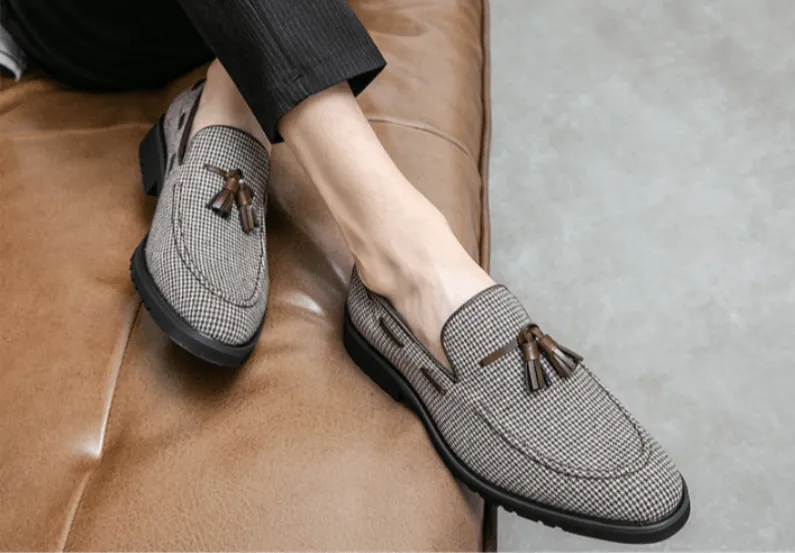 Men’s Brown Plaid Tassel Loafers – Breathable Canvas Fashion Business Casual Shoes