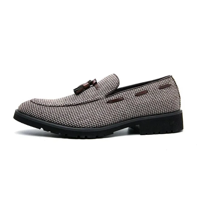 Men’s Brown Plaid Tassel Loafers – Breathable Canvas Fashion Business Casual Shoes