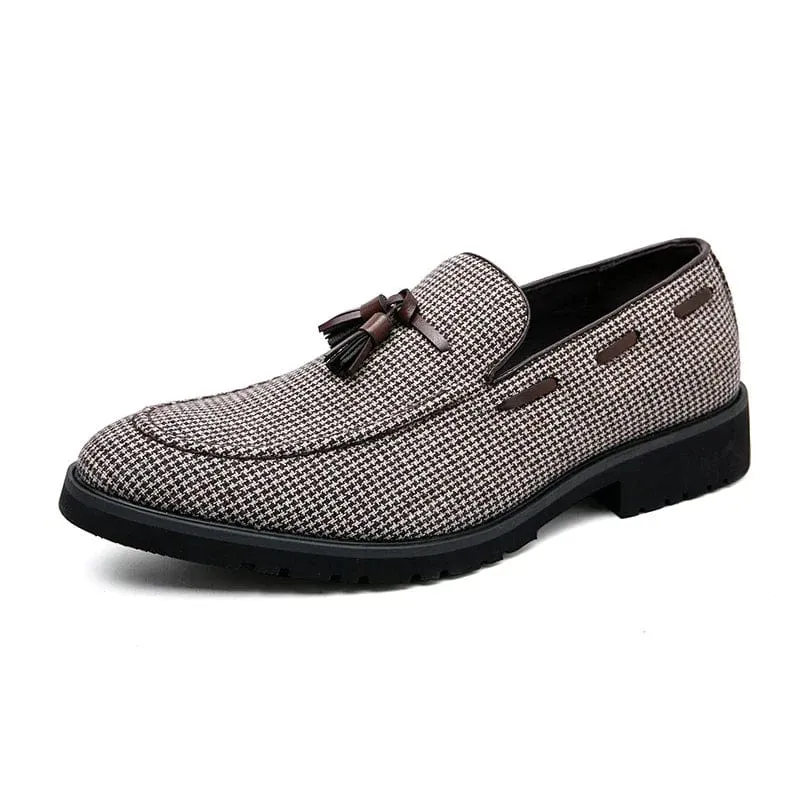 Men’s Brown Plaid Tassel Loafers – Breathable Canvas Fashion Business Casual Shoes