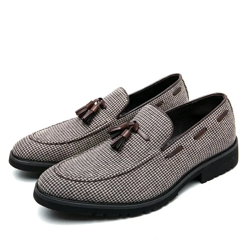 Men’s Brown Plaid Tassel Loafers – Breathable Canvas Fashion Business Casual Shoes