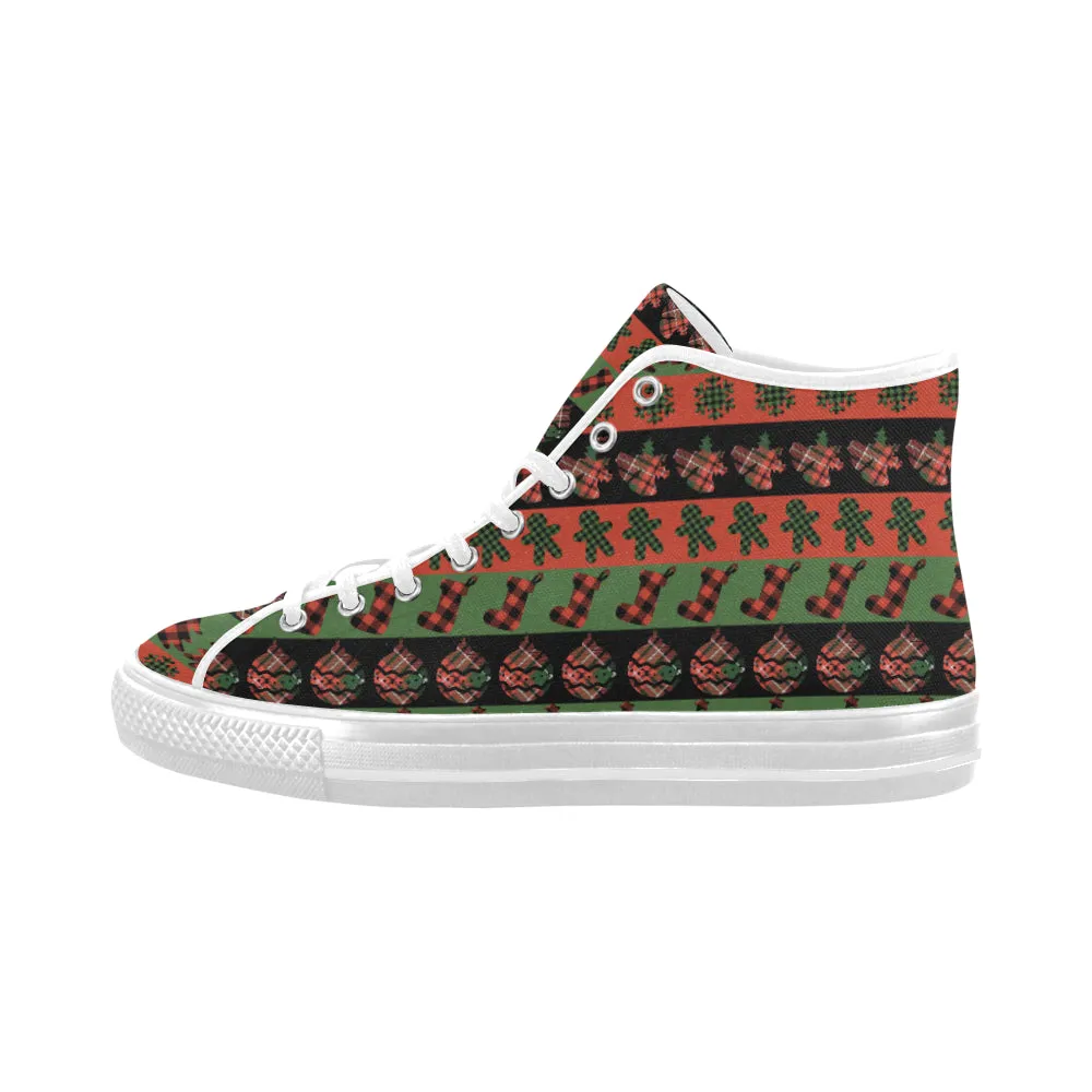 Men's Christmas Plaids Print Canvas High Top Shoes (White)