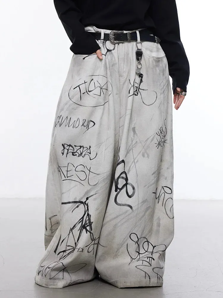 Men's Streetwear Oversized Beige Graffiti Wide Leg Trousers