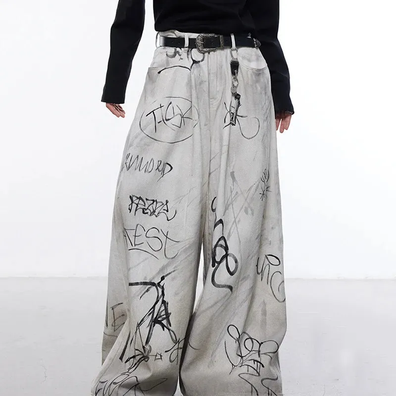 Men's Streetwear Oversized Beige Graffiti Wide Leg Trousers