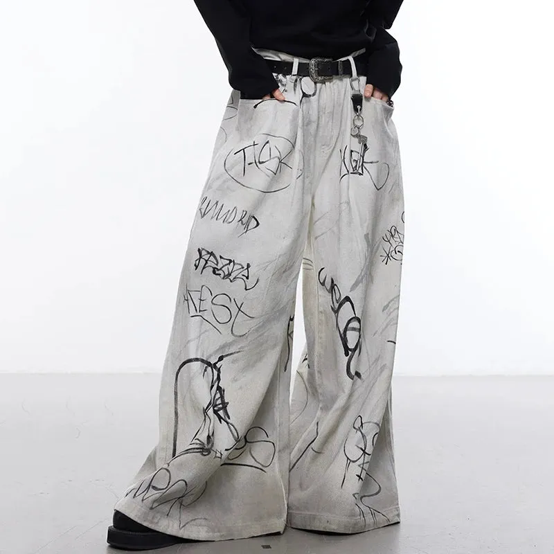 Men's Streetwear Oversized Beige Graffiti Wide Leg Trousers