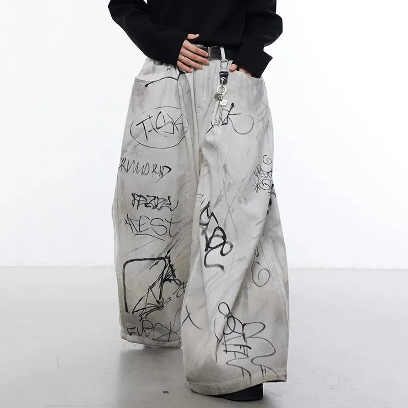 Men's Streetwear Oversized Beige Graffiti Wide Leg Trousers